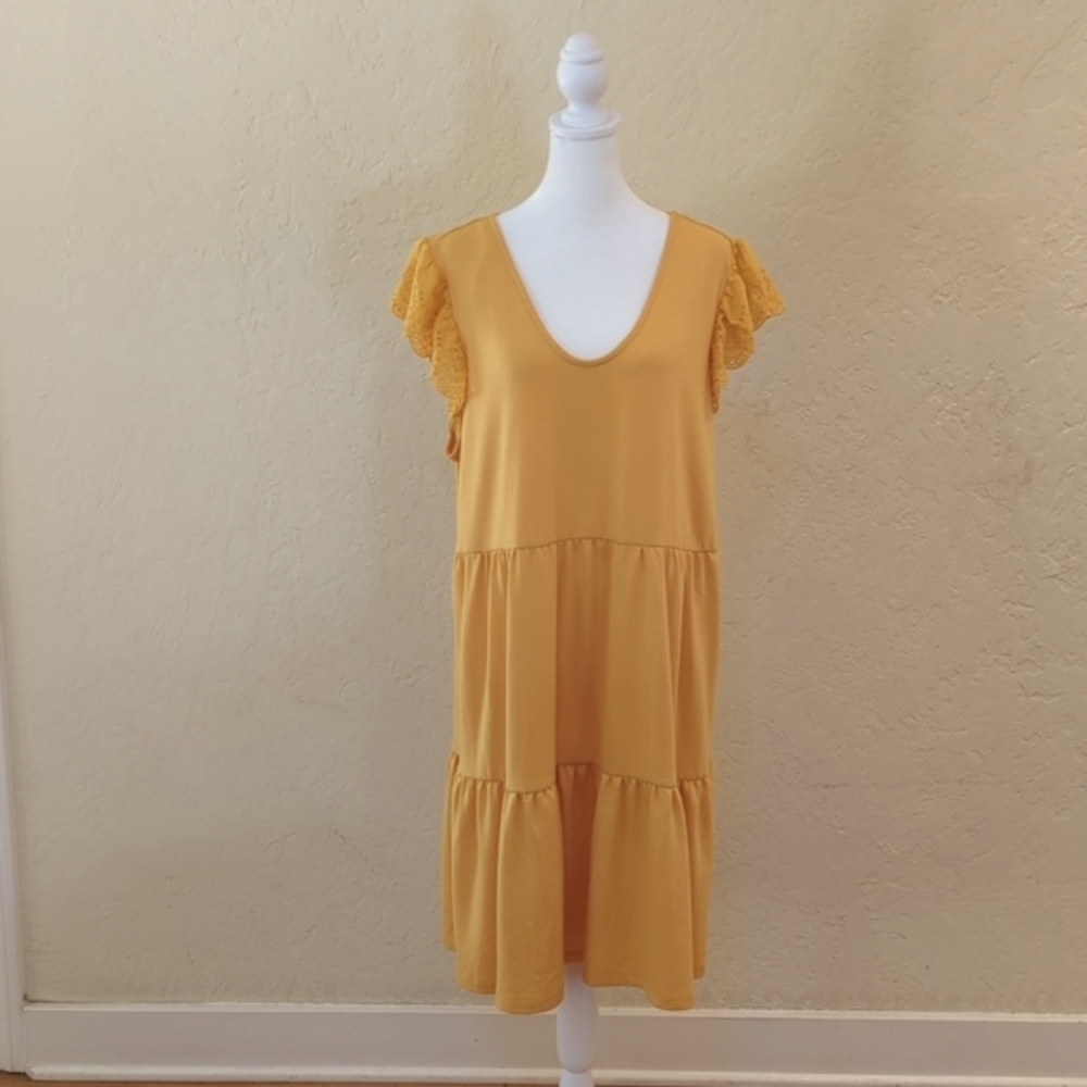 Como Vintage Yellow Eyelet Short Dress Tiered V Neck Dress Size XL